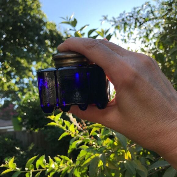 Antique Cobalt Glass Inkwell Square With Brass Hinged Lid - Picture 1 of 12